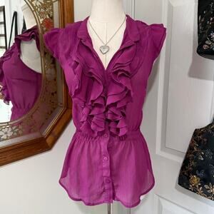VTG Y2K Voice Fuchsia Sheer Ruffle Sleeveless Silk Blend Crinkle Button Up Top